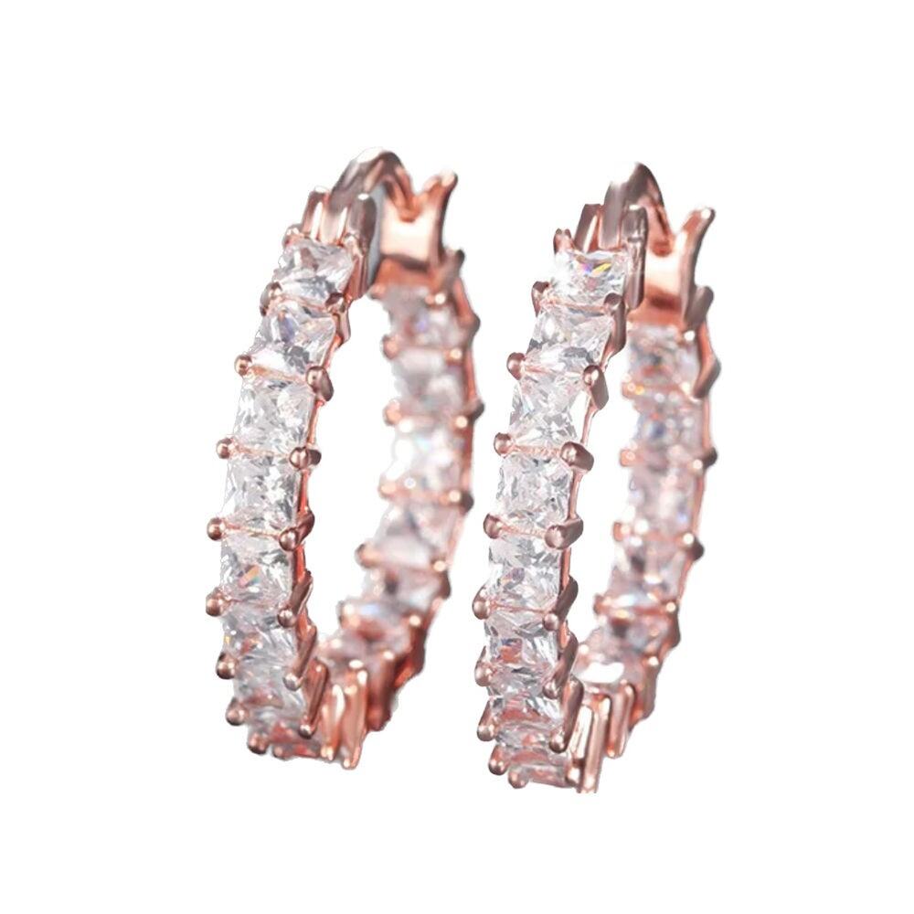 14K Rose Gold Plated Stainless Steel CZ Hoop Inside Out Earrings 27mm